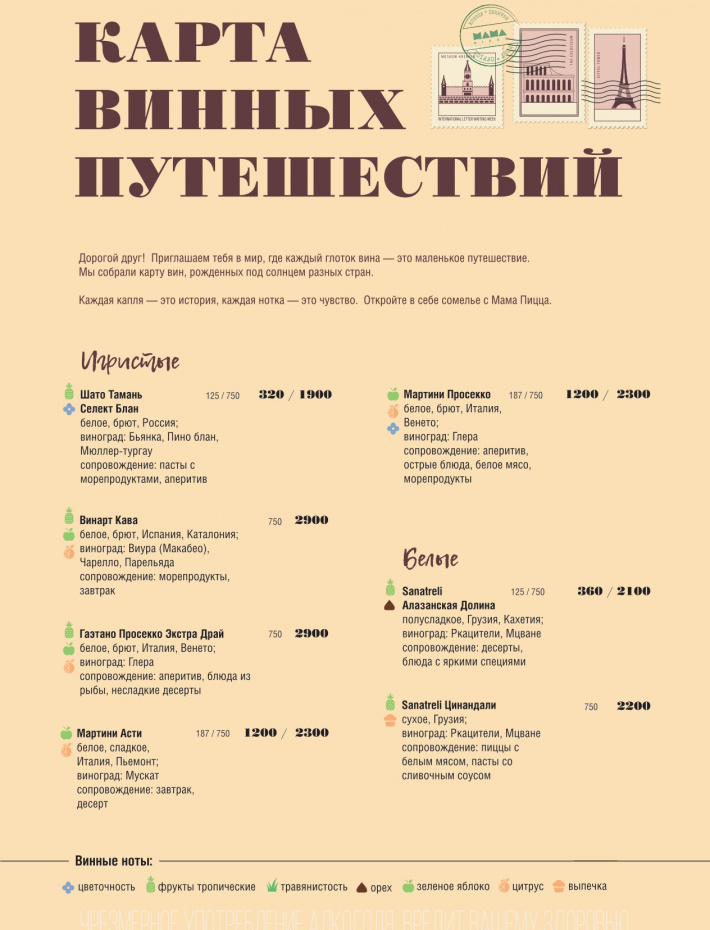 Винная карта — меню кафе «Мама Пицца»